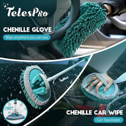 TelesPro Car Wash Brush with 3 Replaceable Brush Heads - Soft Car Brush, Chenille Car Wipe, Window Squeegee, Chenille Glove & 2 Microfiber Towel - Extension Pole Not Included.