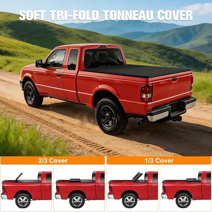 PM PERFORMOTOR Vinyl Soft Tri-Fold Truck Bed Tonneau Cover Compatible with 1983-2011 Ford Ranger, fits 6 ft Fleetside Bed Models