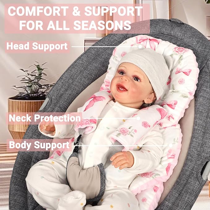 Infant Car Seat Insert Girls, Soft Car Seat Head Support Baby & 2 Strap Pads, Preemie Newborn Carseat Insert Reversible Fits for Stroller, Baby Swing, Rocker, Bassinets, Bouncer, Pink Rose