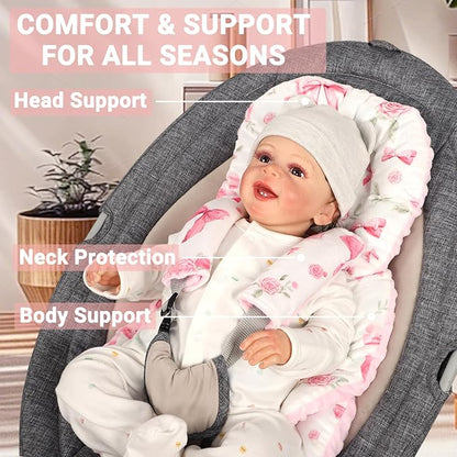Infant Car Seat Insert Girls, Soft Car Seat Head Support Baby & 2 Strap Pads, Preemie Newborn Carseat Insert Reversible Fits for Stroller, Baby Swing, Rocker, Bassinets, Bouncer, Pink Rose