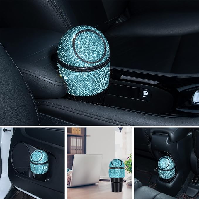 eing Car Trash Can Bling Crystal Auto Mini Trash Bin for Car Office Home Women,Car Cup Holder Garbage Can with Lid,Blue