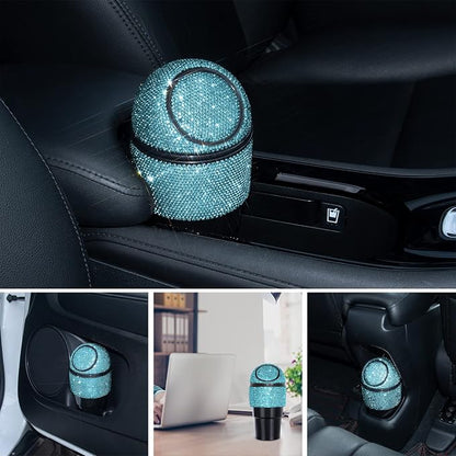 eing Car Trash Can Bling Crystal Auto Mini Trash Bin for Car Office Home Women,Car Cup Holder Garbage Can with Lid,Blue