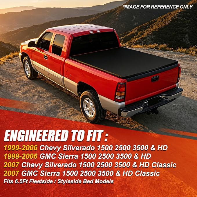 Vinyl Soft Roll Up Truck Bed Tonneau Cover Compatible with 99-07 Chevy Silverado/GMC Sierra 6.5Ft Fleetside Bed
