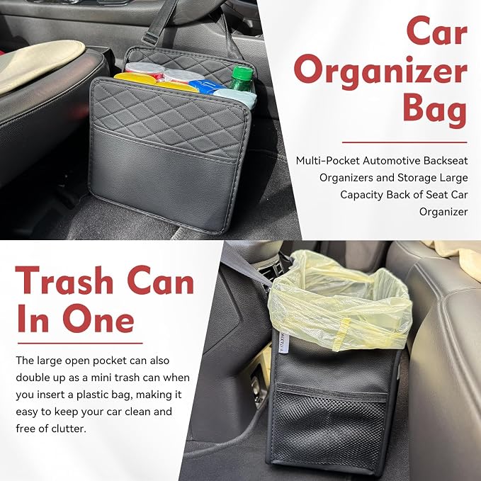Witaxima 2 Pack Upgraded Car Seat Organizer Backseat with Storage Pockets, Multipurpose Car Organizer Hanging Car Trash Bag Premium PU Leather Garbage Can 2.14 Gallon Large Capacity Accessories Black
