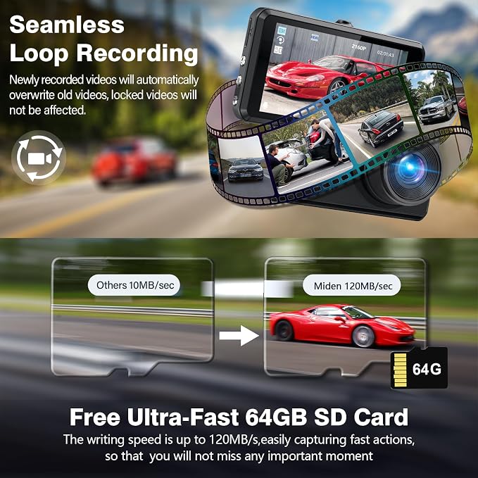 SHRINLUCK 2K Dual Dash Camera for Cars, Free 64G SD Card, FHD 2K+1080P Dash Cam Front and Rear,3.2'' IPS Screen,176° Wide Angle Dashcam,24H Parking Monitor,G-Sensor,Loop Recording,Night Vision,WDR