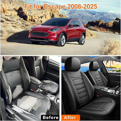 Escape Car Seat Covers Custom Fit for Ford Escape 2001-2026, Premium Full Coverage Leather Automotive Seat Protectors, All Seasons Waterproof Breathable, Airbag Compatible (Full Set, Black)