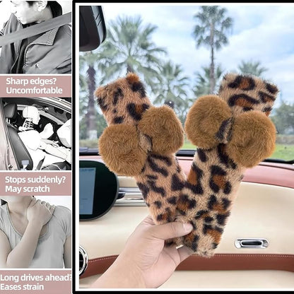 Car Neck Pillow 2PCS Plush Bowknot Car Headrest Pillow – Comfortable Neck Support for Driving Soft Touch Fabric Car Pillow Cute Interior Decor (Leopard Set 4Pcs)