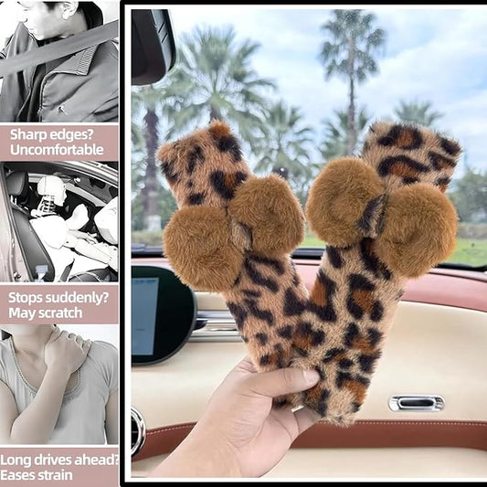 Car Neck Pillow 2PCS Plush Bowknot Car Headrest Pillow – Comfortable Neck Support for Driving Soft Touch Fabric Car Pillow Cute Interior Decor (Leopard Set 4Pcs)