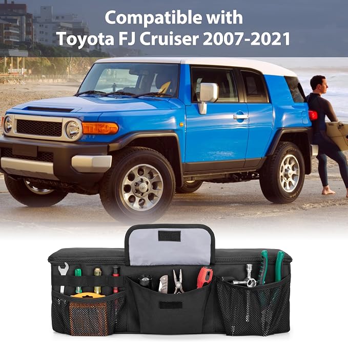 GRAOSO Car Trunk Organizer Compatible with Toyota FJ Cruiser 2007-2021, Rear Storage Bag with 3 Pieces of 1.5” Wide Hook&Loop Tapes, 2 Adjustable Hanging Loops, Multiple Pockets, Black