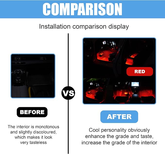 Car LED Strip Light, 24 LED RGB Neon Auto Interior Atmosphere Lights, 12V USB Port Under Dash Ambient Night Light, Universal Decorative Lamp Accessory for Car Truck (Red, USB)