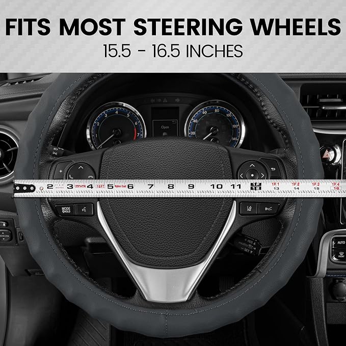 BDK Genuine Gray Leather Steering Wheel Cover for Car, Large 15.5-16 inch – Ergonomic Comfort Grip for Men & Women, Car Steering Wheel Cover for Vehicles with Large Steering Wheels