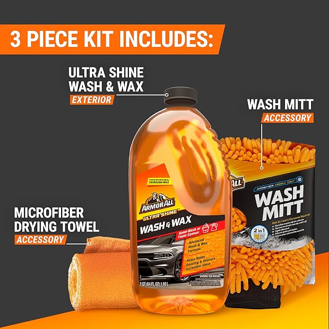 Car care product set with wash and wax, wash mitt, and microfiber towel on a black and orange background.