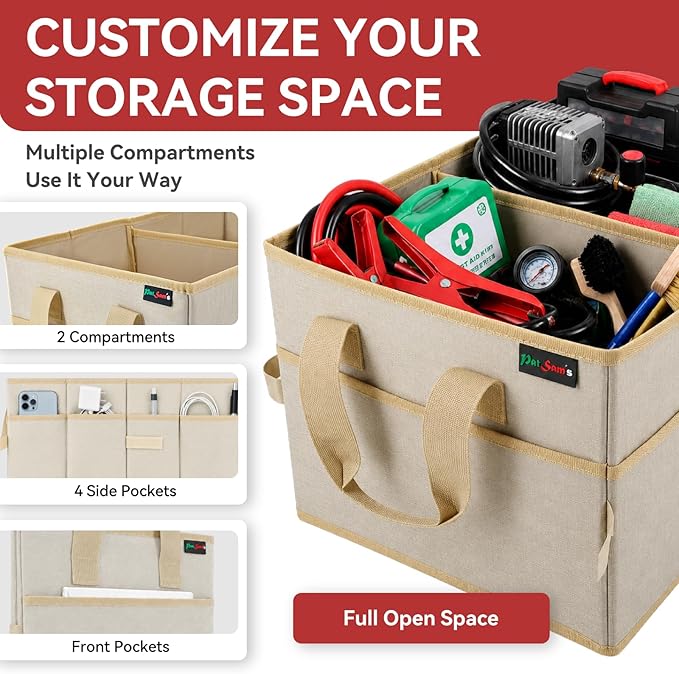 PAT SAM'S Car Trunk Organizer for SUV, Foldable Collapsible Storage Organizer with Dividers, Non-Slip Waterproof 600D Oxford, Backseat & Trunk Storage for Groceries, Tools, Toys (Beige)