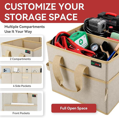 PAT SAM'S Car Trunk Organizer for SUV, Foldable Collapsible Storage Organizer with Dividers, Non-Slip Waterproof 600D Oxford, Backseat & Trunk Storage for Groceries, Tools, Toys (Beige)