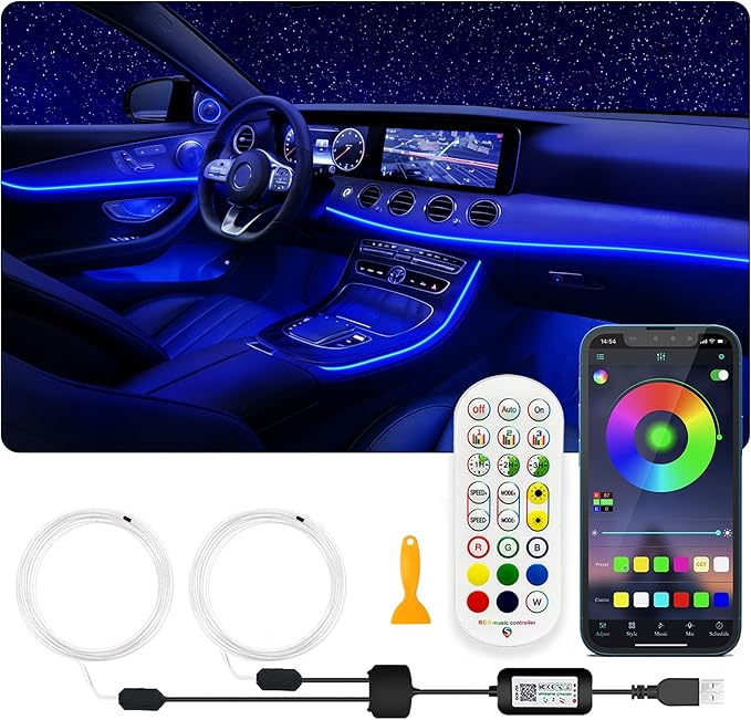 USB Car LED Lights, Interior Car Lights Strip with APP and RF Remote Control, 2 in 1 Ambient Lighting with 157 inches Fiber Optic Music Sync Simple Installation EL Wire Lights (2 in 1/157 inches)