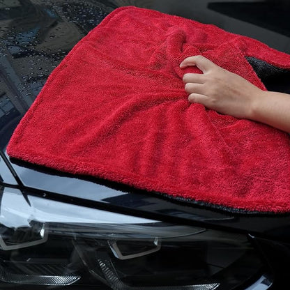 Greenfound 1000GSM Car Drying Towel 18"x24", Edgeless Double Twist Pile, Ultra Absorbent Microfiber Towel, Scratch-Free Lint-Free Streak-Free for Auto Detailing & Car Wash – Red&Grey