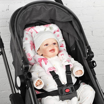 Infant Car Seat Insert Girls, Soft Car Seat Head Support Baby & 2 Strap Pads, Preemie Newborn Carseat Insert Reversible Fits for Stroller, Baby Swing, Rocker, Bassinets, Bouncer, Pink Rose