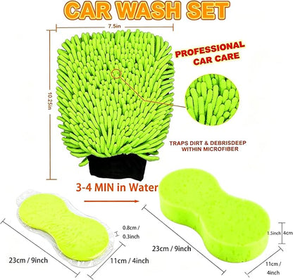 3 PCS Microfiber Car Wash Mitt, Microfiber Chenille Car Wash Sponge Glove for Car Washing and Detailing Scratch-Free, Lint-Free, Foam Gun, and Absorbent, Foam Scrubber, Cleaning Supplies