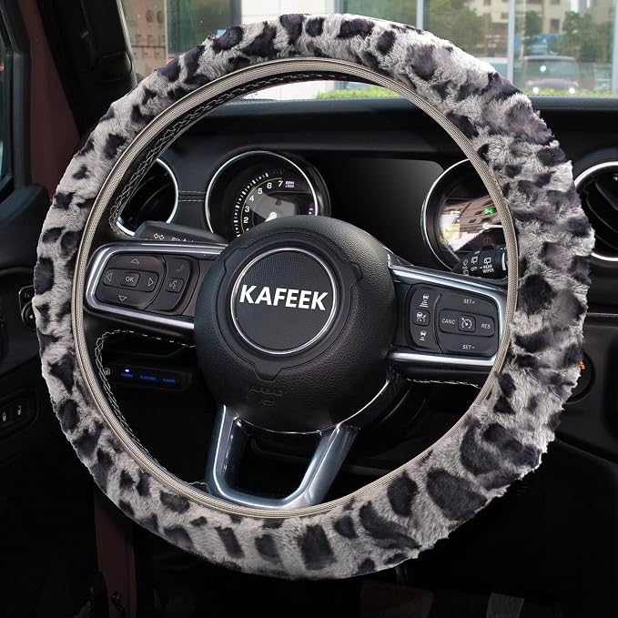 KAFEEK Elastic Long Microfiber Plush Steering Wheel Cover for Winter Warm, Universal 15 inch, Anti-Slip, Odorless, Leopard Gray