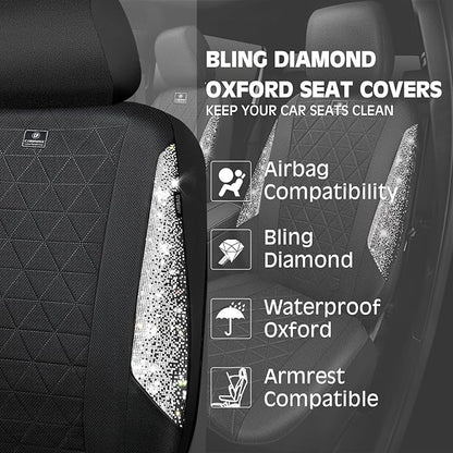 CAR PASS Oxford Bling Diamond Car Seat Covers 2 Front Interior Sets, Waterproof Shining Glitter Sparkly Crystal Universal Armrest Fit 95% Automotive Truck SUV Cute Women Girl, Black Silver Rhinestone