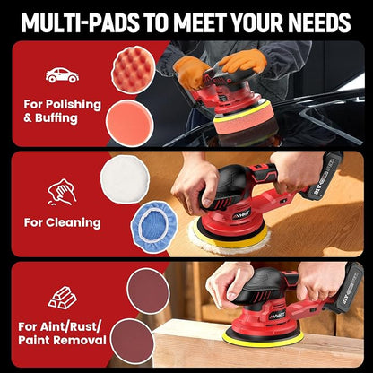 Updated Cordless Polisher with 2x4.0Ah Batteries, 6 Variable Speed up to 5500 RPM, 6 In Car Buffer Polisher for Car Detailing, Polishing, Boat Sanding, with Car Wax Buffing Machine Kit, Toolbag