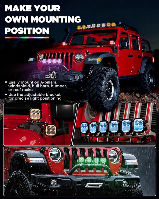 Auxbeam Color Play Series RGB Ditch Light Pods, 3-Inch Multicolor RGBW Offroad Spot Light Bar, 116W 12960 Lumen Color Changing Backlight 7 Color Gradient Cycle A-Pillar Fog Lights, 2-Pack