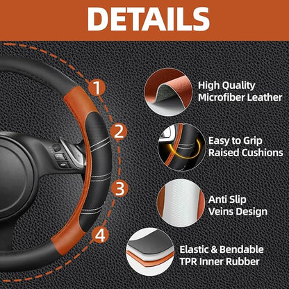 NBTEPEM 6 Pcs Brown Car Accessories Set, Sport Leather Steering Wheel Cover 14.5-15inch Universal, Microfiber Leather Car Center Console Cover, Seat Belt Cushion, Cup Holder Coaster (Black-Brown)