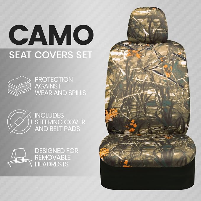 BDK Hunter Camo Car Seat Covers Full Set with Camo Steering Wheel Cover and Seat Belt Cover Pad – Forest Camouflage Pattern, Automotive Front Seat & Bench Back Seat Cover for Cars Trucks SUV