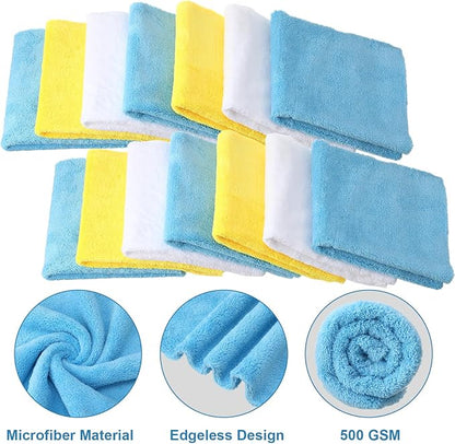 Shimeyao 30 Pcs 16 x 16 Inch edgeless Microfiber Plush Towels for Cars Detailing Drying Wash Polishing Absorbent Cleaning Cloths, 500 GSM (Light Blue, White, Yellow)