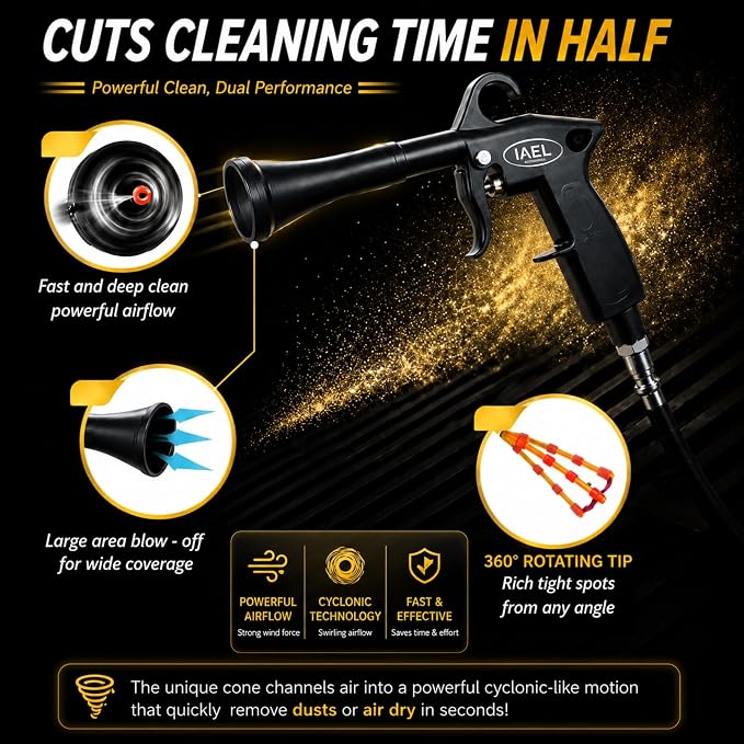 IAEL Tornado Air Gun Ultra Air Blaster Plus for Car Detailing - Tornado Mini Detailing Tool Car Cleaning - Interior car Cleaning kit General Twister Blow Out Tool - 4CFM/90PSI