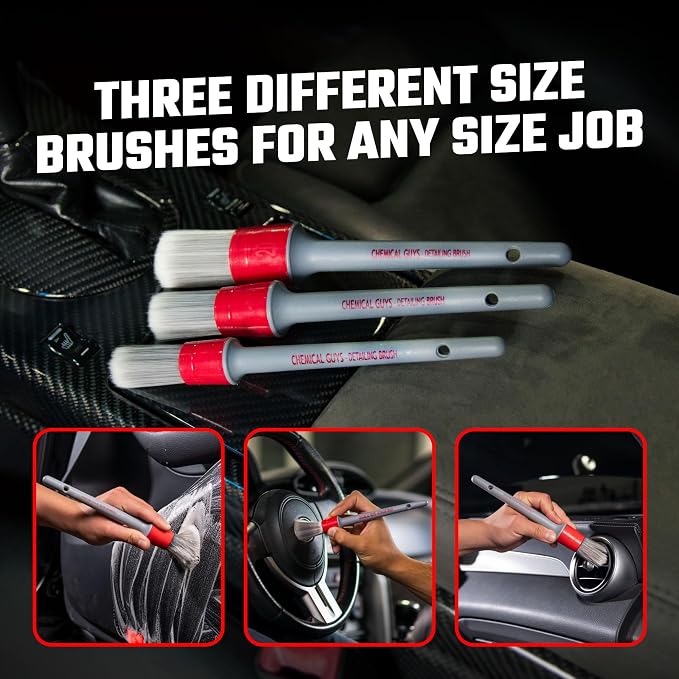 Chemical Guys All in the Details Interior Detailing Brush Set - 3-Piece Soft & Durable Car Detailing Brushes for Vents, Consoles, Buttons, Trim & Hard-to-Reach Areas in Cars, Trucks, SUVs & RVs