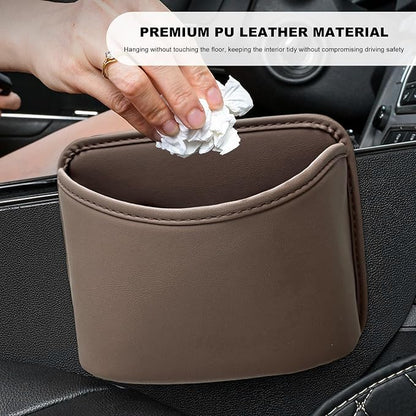 Car Trash Can, Clip On Garbage Organizer Multifunctional Car Door Hanging Container, Waterproof Leather Trash Bin Universal Interior Storage Box for Vehicle Home Office (Brown)