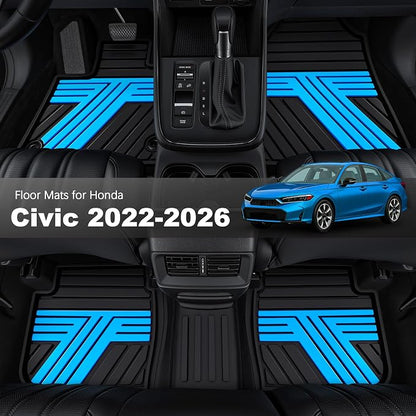 Floor Mats Fit for Honda Civic 2022-2025 2026 Sedan Hatchback Si (Include Sport), with&w/o USB Port | for Acura Integra 2023-2026, All Weather Car Floor Liners, Black & Blue (Not for Hybrid)