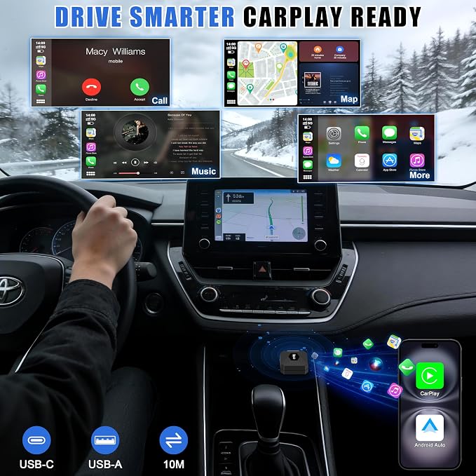 2026 Upgraded Wireless CarPlay Adapter for iPhone & Android, Mini Wireless CarPlay Adapter for Apple iOS 10+, Bluetooth 5.3 & 5GHz Wi-Fi, Converts Factory Wired CarPlay to Wireless for Cars 2016 +