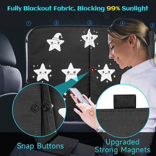 Car Window Shades, 2 Packs Magnetic Car Sun Shades for Baby, 2 Layers for Blackout/See Through Options Stars Pattern Side Window Curtain for Kids Heat/UV Blocker