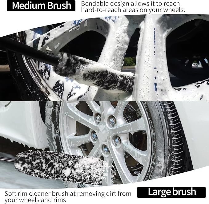 Bendable Wheel Brush Kits Soft Microfiber Wheel Cleaner Brush Synthetic Woolies No-Scratch Wheel Cleaning Brush Car Detailing Rim Tire Brush