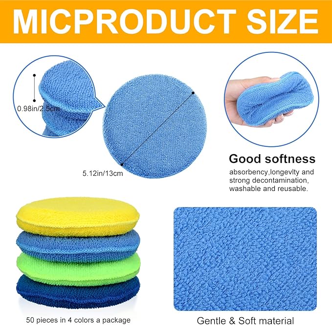 Tallew 50 Pcs Car Wax Microfiber Applicator Pads 5" Diameter Polishing Foam Pads Tire Soft Foam Sponge for Cars Detail Buffing Cleaning Polishing(4 Colors)