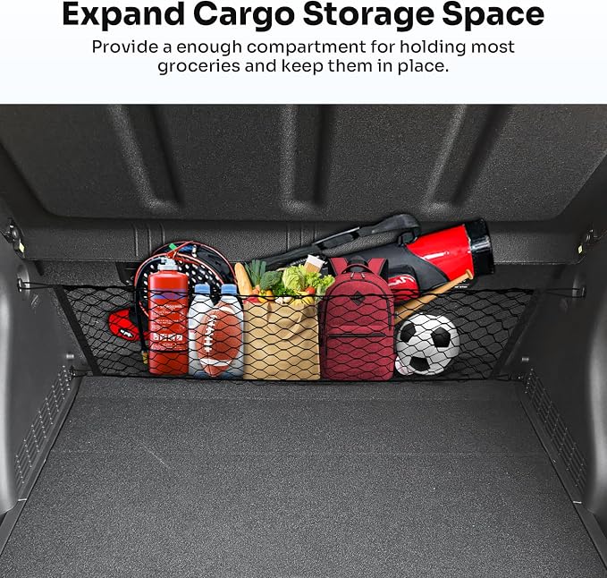 Canvcle Trunk Cargo Net for 2024-2026 Hyundai Kona Accessories Envelope Style Mesh Trunk Net Organizer and Storage Stretchable Adjustable Elastic Nylon Rear Cargo Netting with Hooks