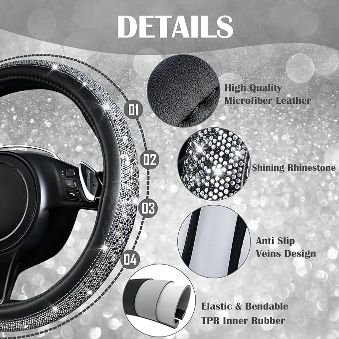 CAR PASS Leather Bling Diamond Car Seat Covers Front & Waterproof Rhinestone Car Floor Mats 4pcs & Sparkly Steering Wheel Cover 15' Universal Shining Interior Sets for 95% SUV Cute Women Black Silver