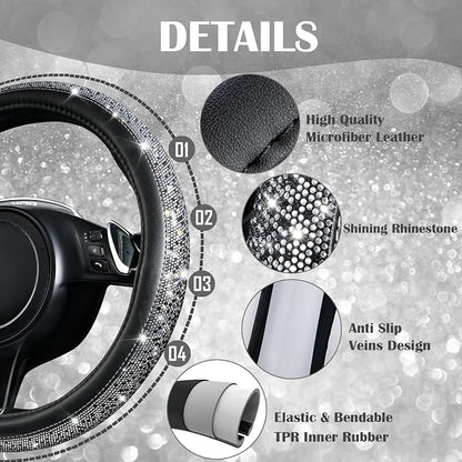 CAR PASS Leather Bling Diamond Car Seat Covers Front & Waterproof Rhinestone Car Floor Mats 4pcs & Sparkly Steering Wheel Cover 15' Universal Shining Interior Sets for 95% SUV Cute Women Black Silver