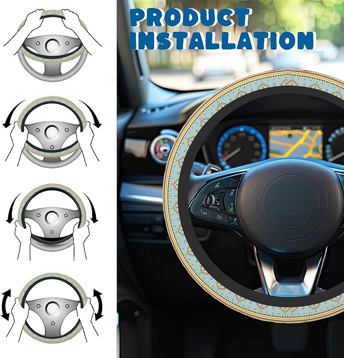Car Steering Wheel Cover, 14.5"-15" Inch Universal Anti-Slip DurableSteering Wheel Protective Cover, Breathable Auto Interior Decoration Accessories for Sedan SUV Truck (Western Ethnic Geometric)