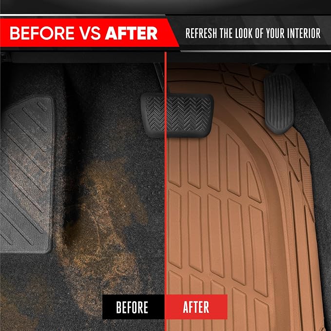 Motor Trend Original FlexTough Beige Rubber Car Floor Mats for 3 Row Vehicles, Front & Rear 2nd Row Deep Dish All Weather Automotive Heavy Duty Trim to Fit, Automotive Liners for Cars Truck Van SUV