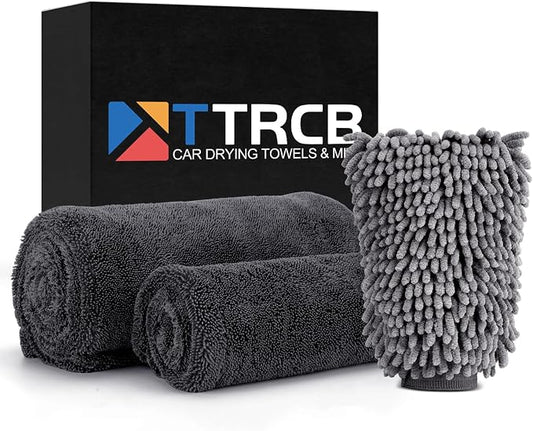 TTRCB Car Wash Kit, 2 Pack Car Drying Towel (36" x 24" & 16" x 16"), Car Wash Mitt, 1300 GSM Microfiber Towels for Cars, Ultra-Absorbent, Streak Free, Car Cleaning Detailing Supplies for SUVs, Trucks