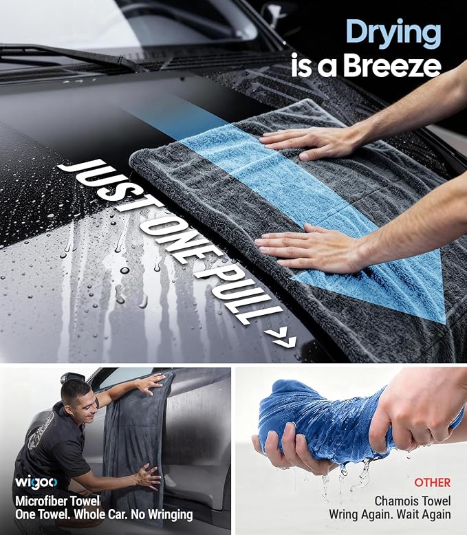 Wigoo Premium Microfiber Car Drying Towel 1300 GSM, 36" x 24" [Ultra-Absorbent, Streak-Free] Dual-Sided Edgeless Cleaning Towels with Twisted Loop, for Auto Detailing, Cars, SUV, Truck (2 Sizes)