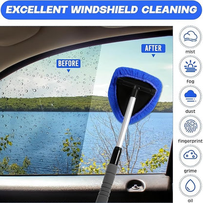 Windshield Cleaning Tool, Extendable Handle Car Window Cleaner with 5 Reusable and Washable Microfiber Pads, Auto Glass Wiper Kit for Interior & Exterior, Ideal for Dirty Car Windows (Blue)