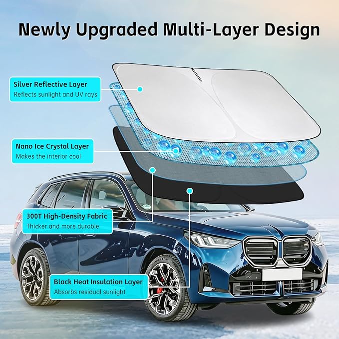 Windshield Sun Shade for BMW X3 2025 2026 Sunshade 300T Windshield Cover Shield Protector Blocks UV Rays Custom Fit X3 Front Window Shades Windshield Accessories Keep Cool Foldable