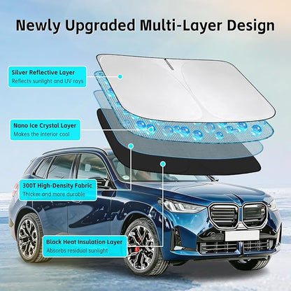 Windshield Sun Shade for BMW X3 2025 2026 Sunshade 300T Windshield Cover Shield Protector Blocks UV Rays Custom Fit X3 Front Window Shades Windshield Accessories Keep Cool Foldable