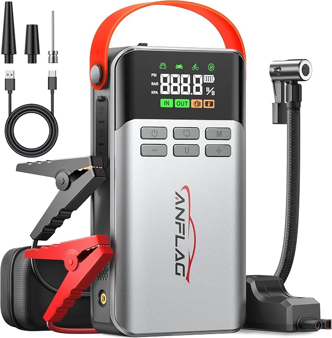 8-in-1 Car Jump Starter with Air Compressor – 5500A Peak, 150PSI Tire Inflator, 12V Portable Power Bank, LCD Display, and LED Flashlight for All Gas & 12.0L Diesel Engines
