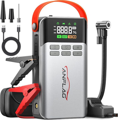 8-in-1 Car Jump Starter with Air Compressor – 5500A Peak, 150PSI Tire Inflator, 12V Portable Power Bank, LCD Display, and LED Flashlight for All Gas & 12.0L Diesel Engines