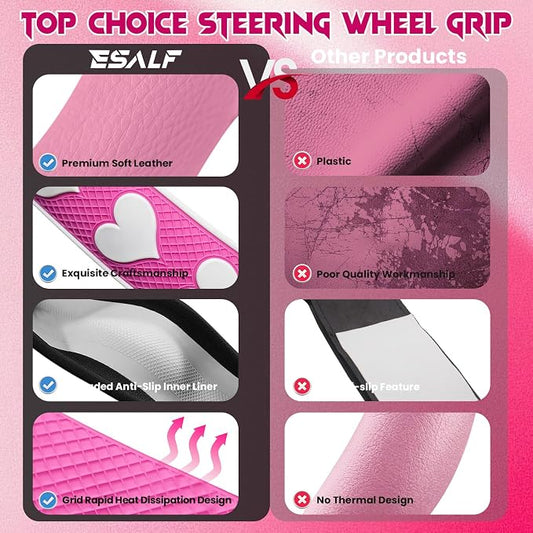 Ventilated Heart-Shaped Steering Wheel Cover with Anti-Slip Leather Grip. Compatible with Ford, Toyota, Honda, Nissan, and Chevrolet Vehicles for 14.5-15.2 inch Round Steering Wheels.
